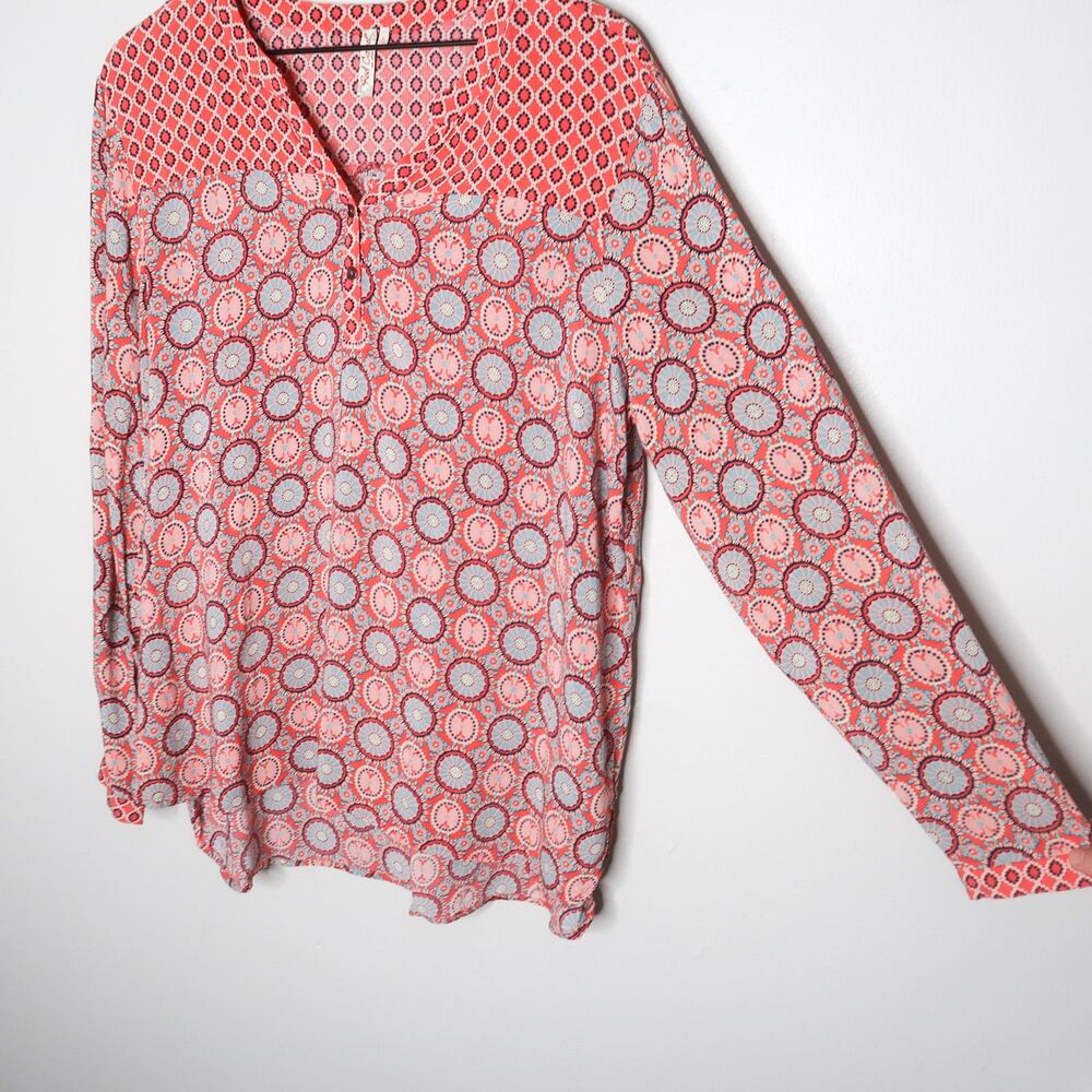 Red Camel Womens Henley Blouse Size Large Pink Blue Boho Popover - Picture 6 of 9